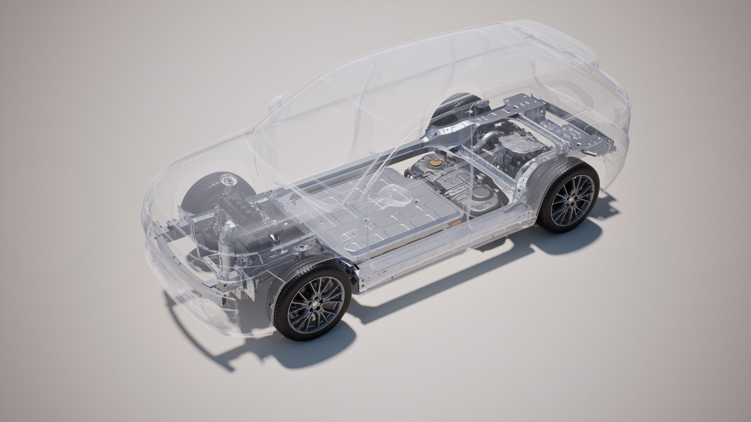 Transparente Darstellung eines Autos mit einer detaillierten Ansicht der internen Mechanik, einschließlich Batterie und Motor. Die Räder sind sichtbar, und die Autokarosserie ist durchsichtig, um die darunterliegende Struktur zu zeigen. Fahrzeug ist auf einer hellgrauen Oberfläche platziert.